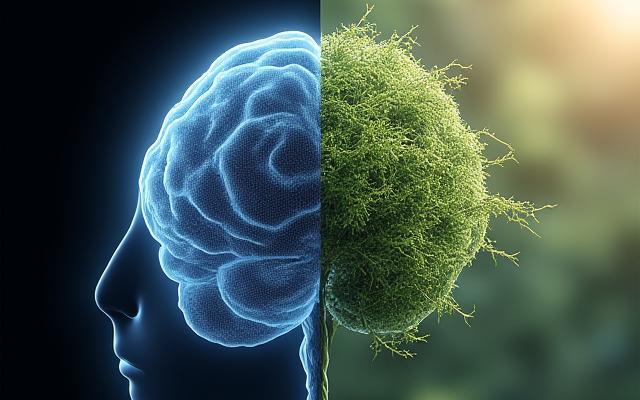 뇌 스캔 이미지와 고사리, 구름, 나무가지 등 자연의 프랙탈 패턴을 나란히 보여주는 이미지